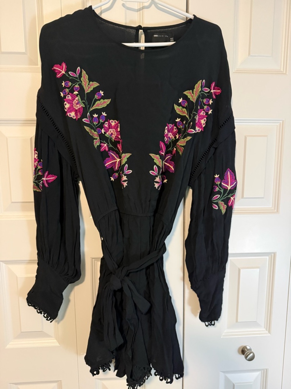 Embroidered Black Boho Tie-Waist Romper